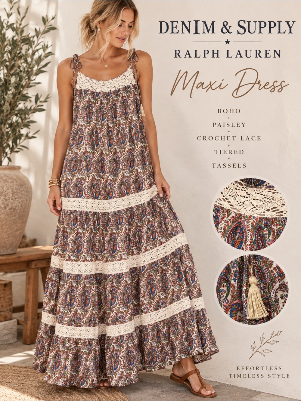 Ralph Lauren Denim & Supply Paisley Crochet Maxi Dress Size L Boho Cottagecore
